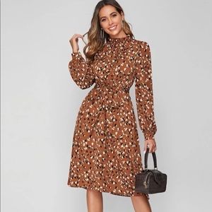 SHEIN Frill MockNeck Lantern Sleeve Belted Dress